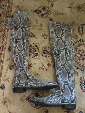 Marc Fisher Black and Beige Snake-Print Boots